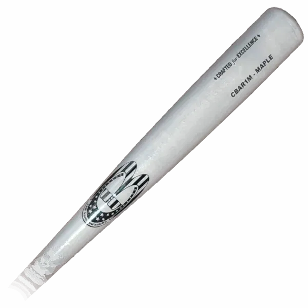 White baseball bat with logo and text