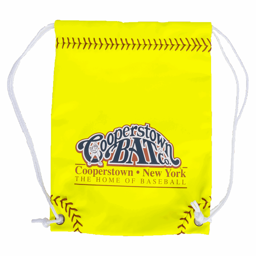 Yellow Cooperstown Bat Co. drawstring bag with baseball stitching.