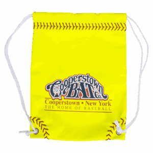 Yellow Cooperstown Bat Co. drawstring bag with baseball stitching.