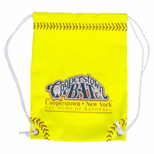 Yellow Cooperstown Bat Co. drawstring bag with baseball stitching.