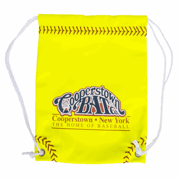 Yellow Cooperstown Bat Co. drawstring bag with baseball stitching.