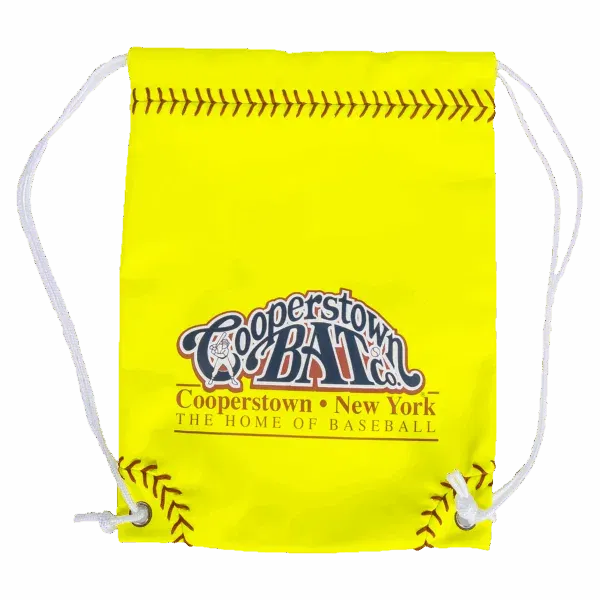 Yellow Cooperstown Bat Co. drawstring bag with baseball stitching.