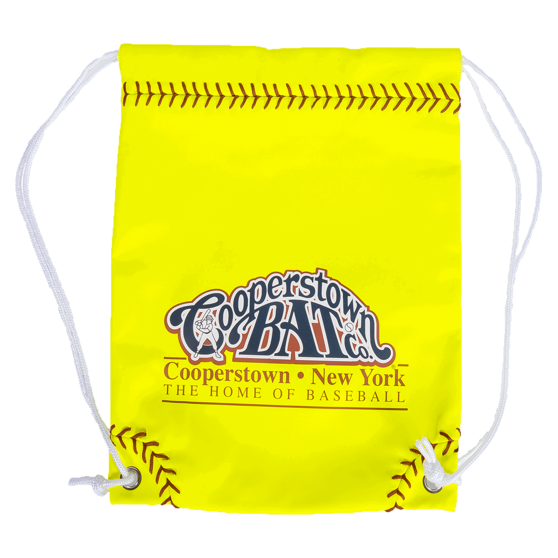 Yellow Cooperstown Bat Co. drawstring bag with baseball stitching.