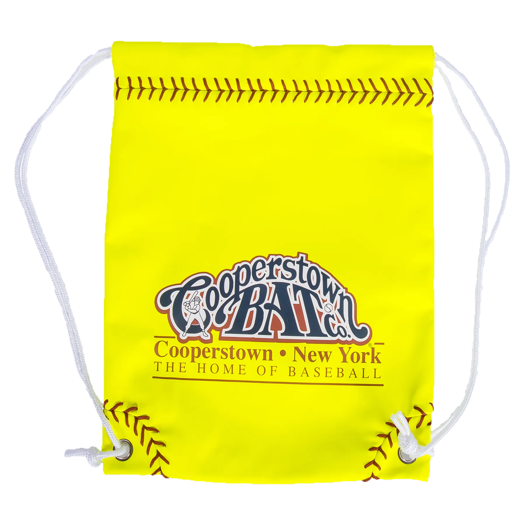 Yellow Cooperstown Bat Co. drawstring bag with baseball stitching.