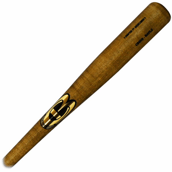 Wooden baseball bat with logo and text detailing.