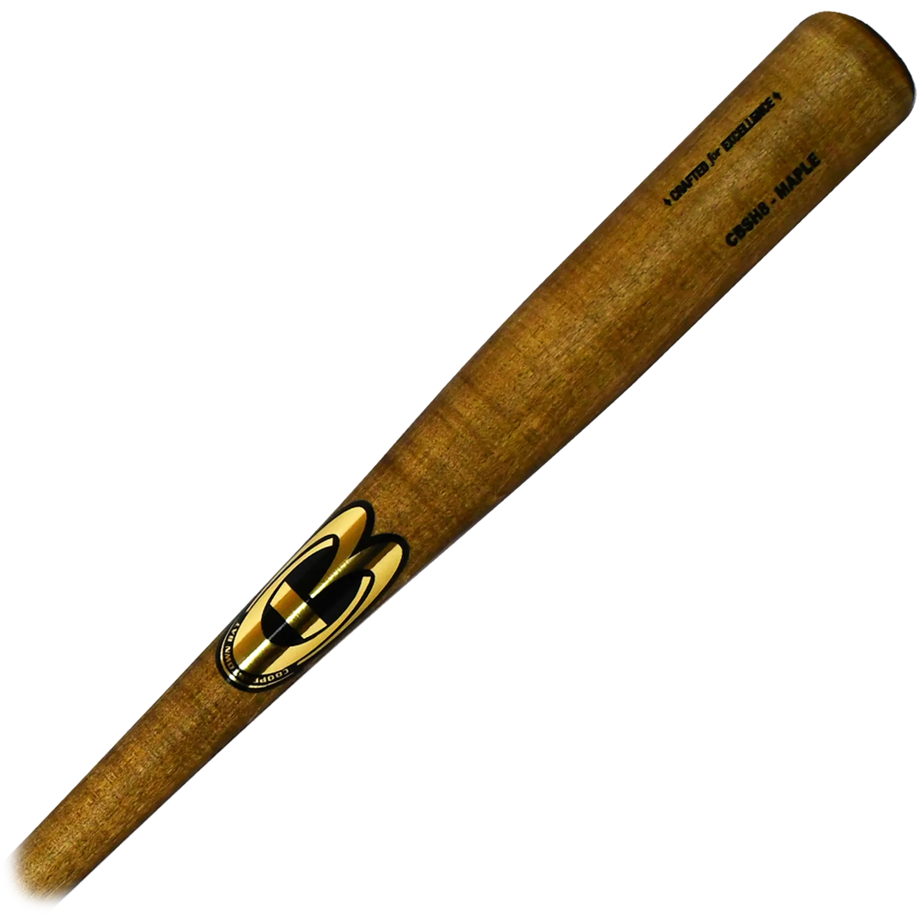 Wooden baseball bat with logo and text detailing.
