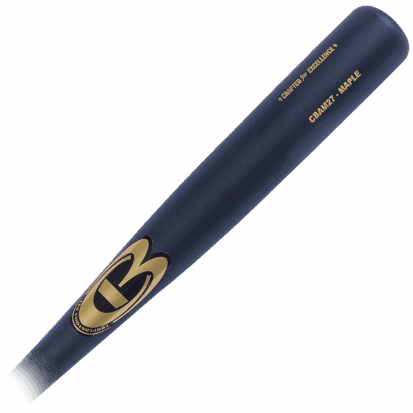 Blue baseball bat with gold logo markings.