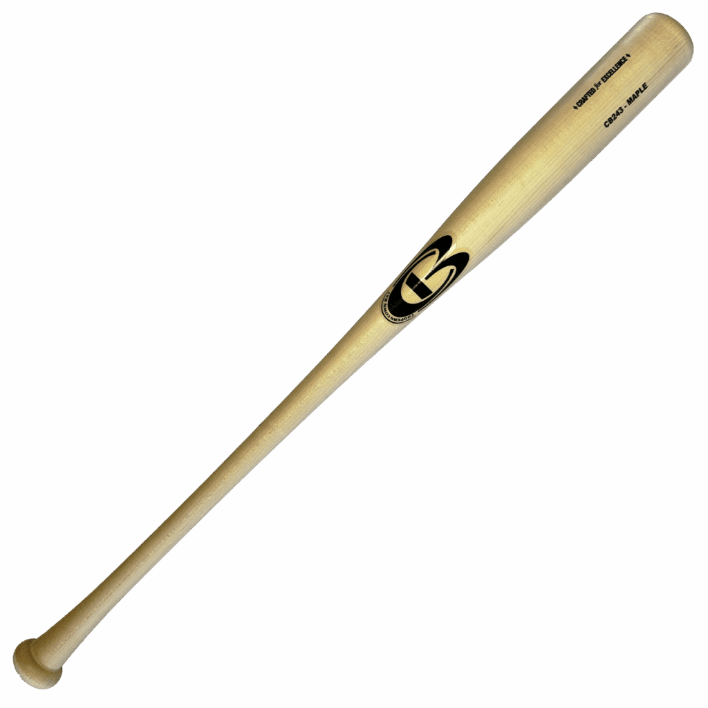 Wooden baseball bat with logo on black background.