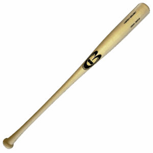 Wooden baseball bat with logo on black background.