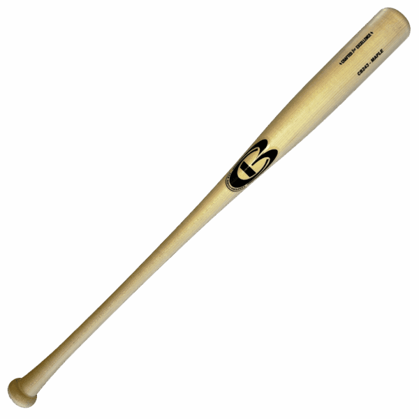 Wooden baseball bat with logo on black background.