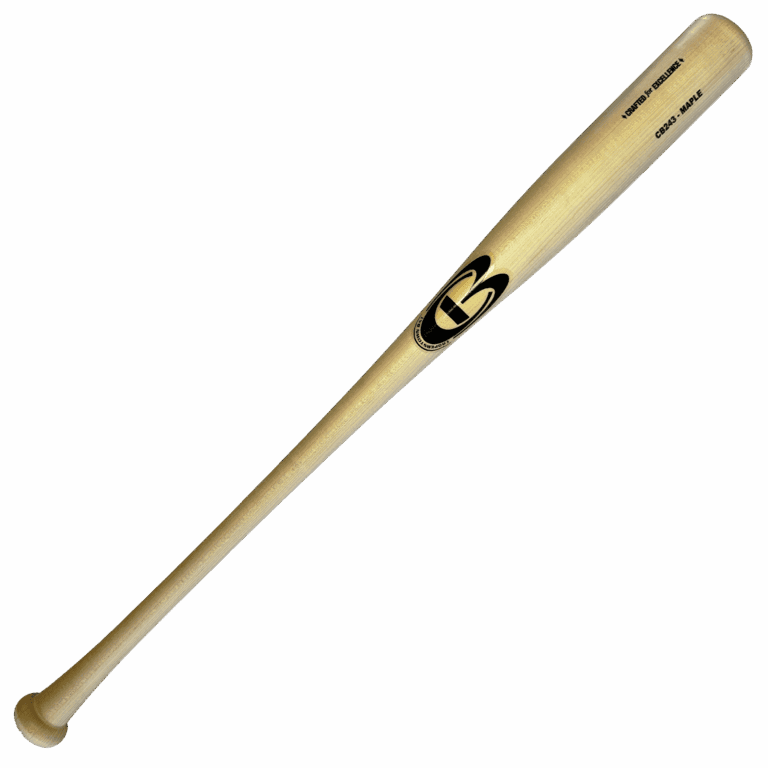 Wooden baseball bat with logo on black background.