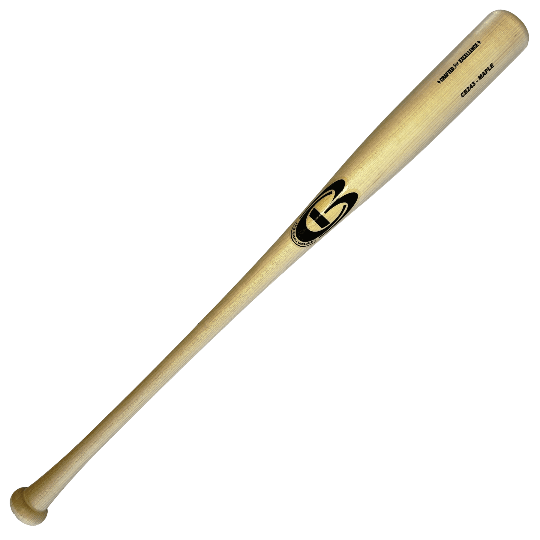 Wooden baseball bat with logo on black background.