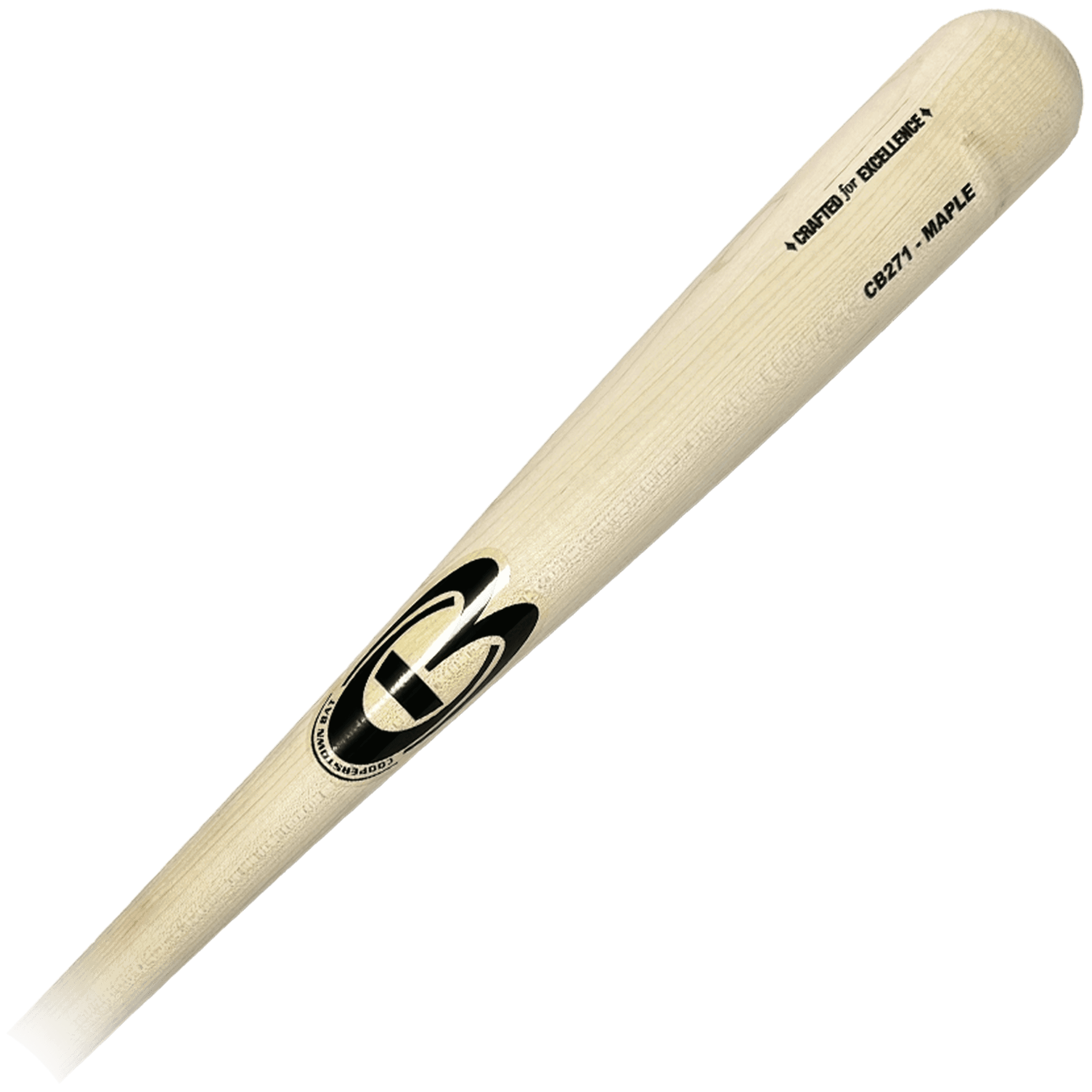 Wooden baseball bat with logo and text