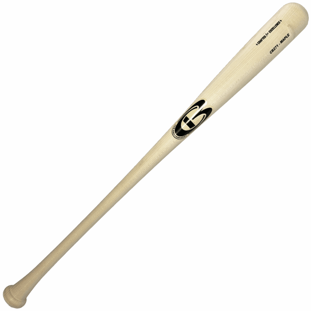 Wooden baseball bat with logo and text