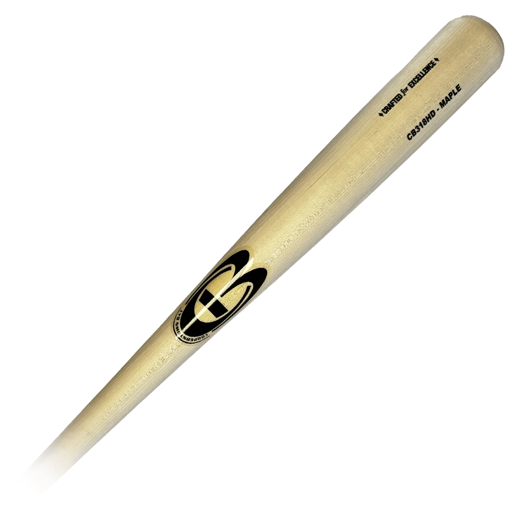 Wooden baseball bat with logo and text