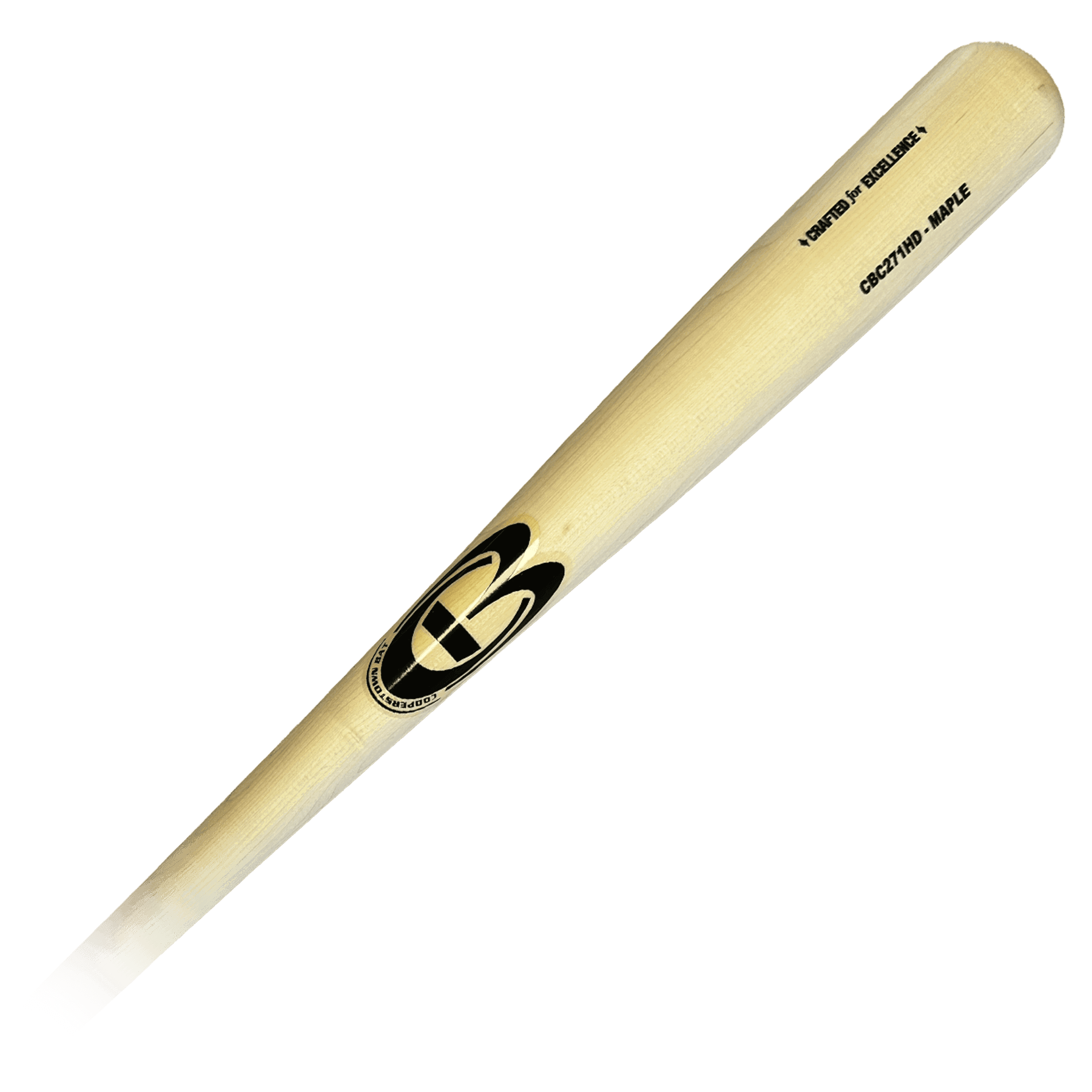 Wooden baseball bat with logo on black background.