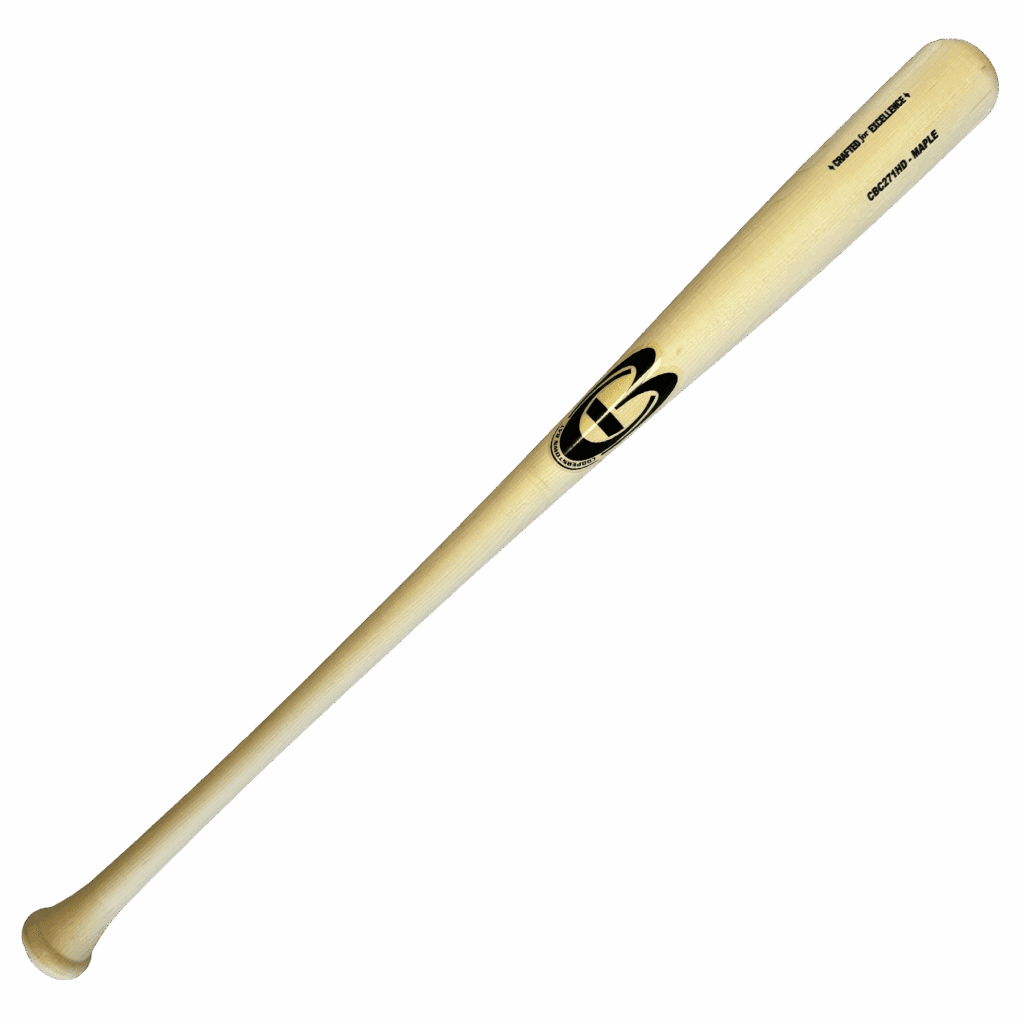 Wooden baseball bat with logo on black background.