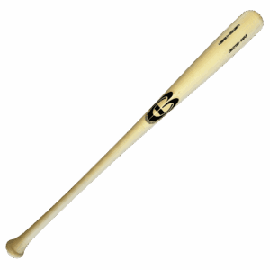Wooden baseball bat with logo on black background.