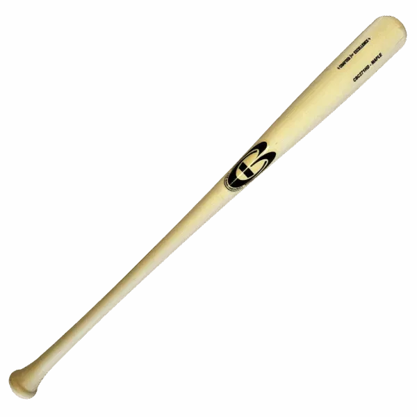 Wooden baseball bat with logo on black background.