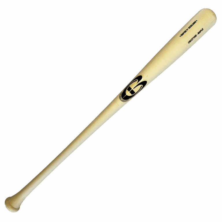 Wooden baseball bat with logo on black background.