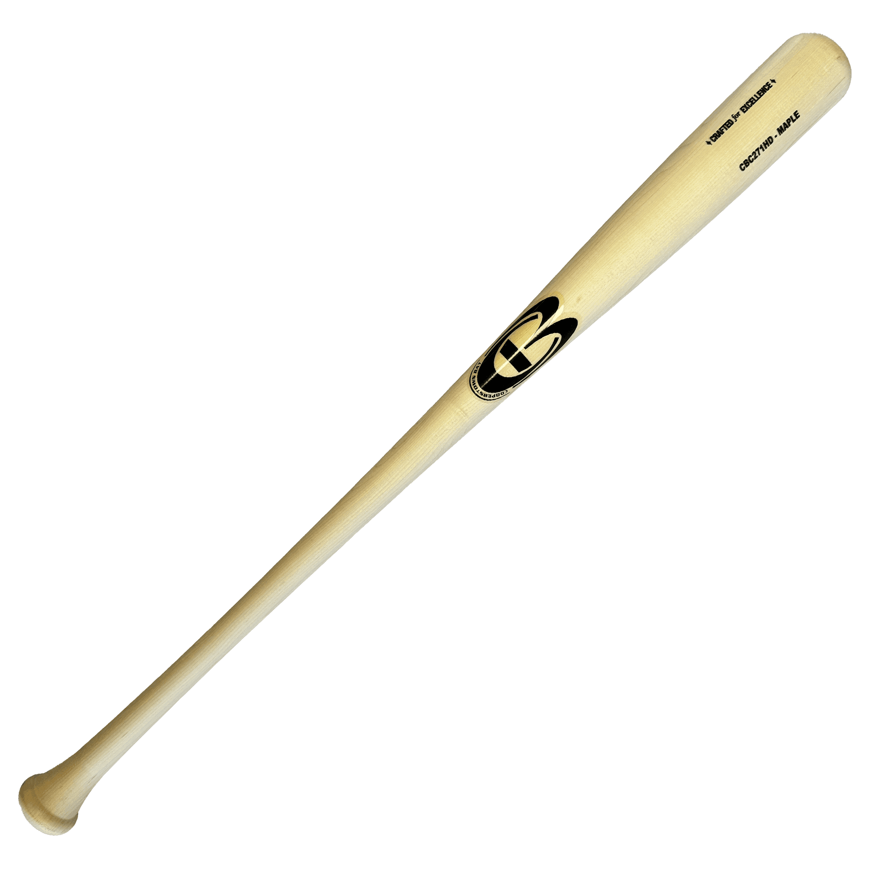 Wooden baseball bat with logo on black background.