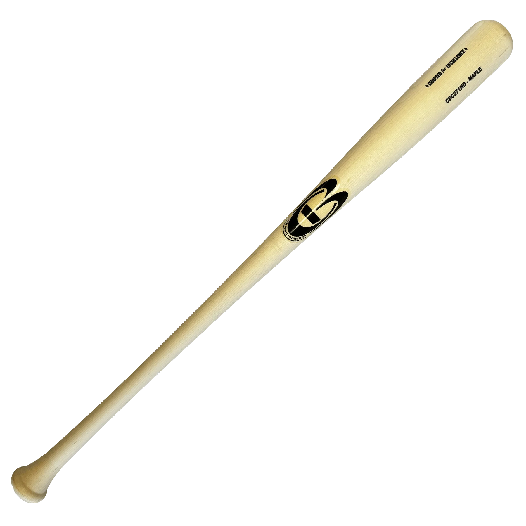 Wooden baseball bat with logo on black background.