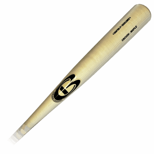 Wooden baseball bat with logo and engraved text.