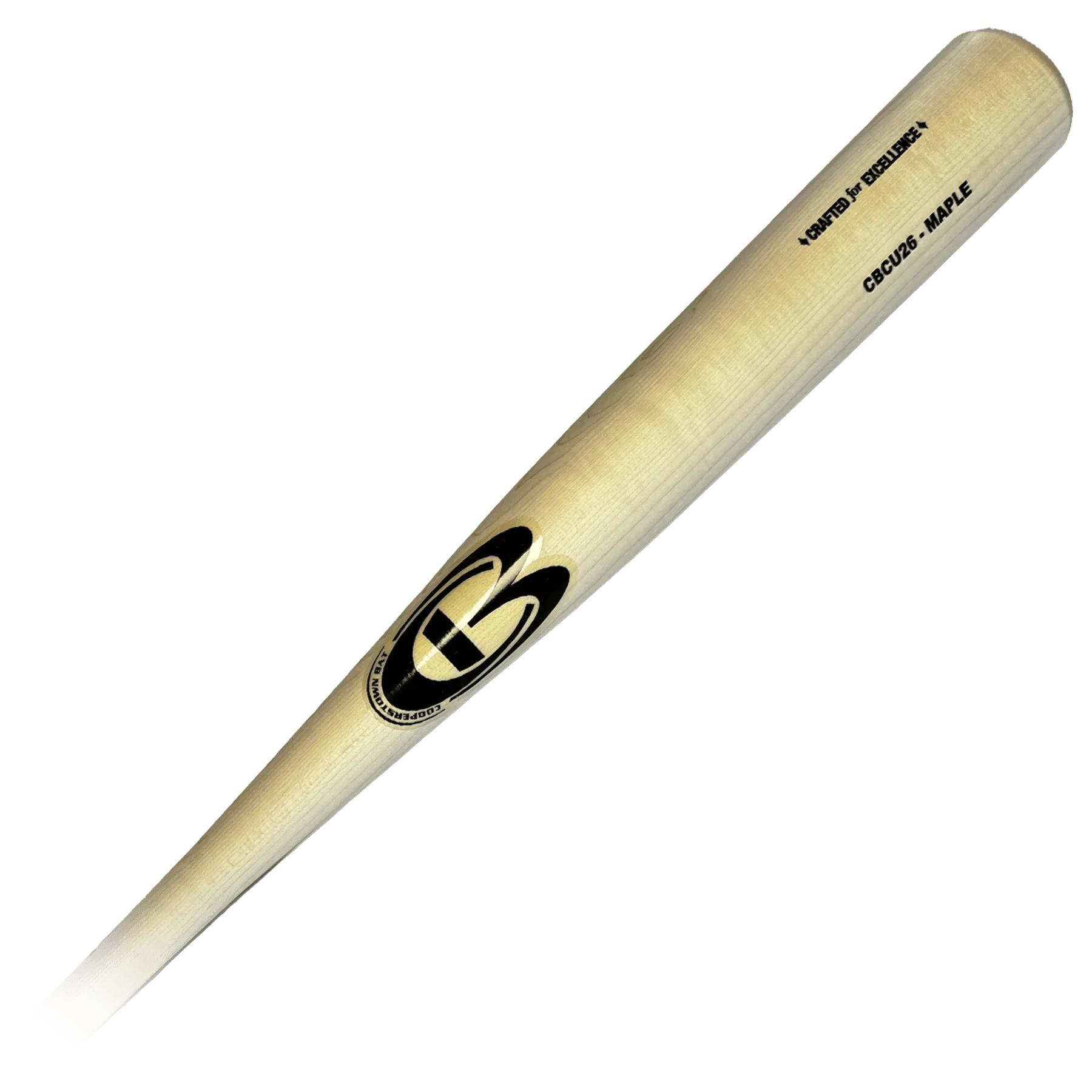 Wooden baseball bat with logo and engraved text.
