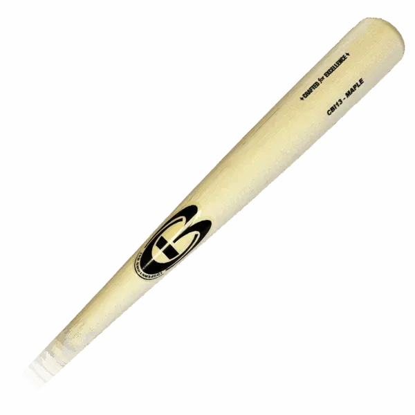 Wooden baseball bat with logo and text