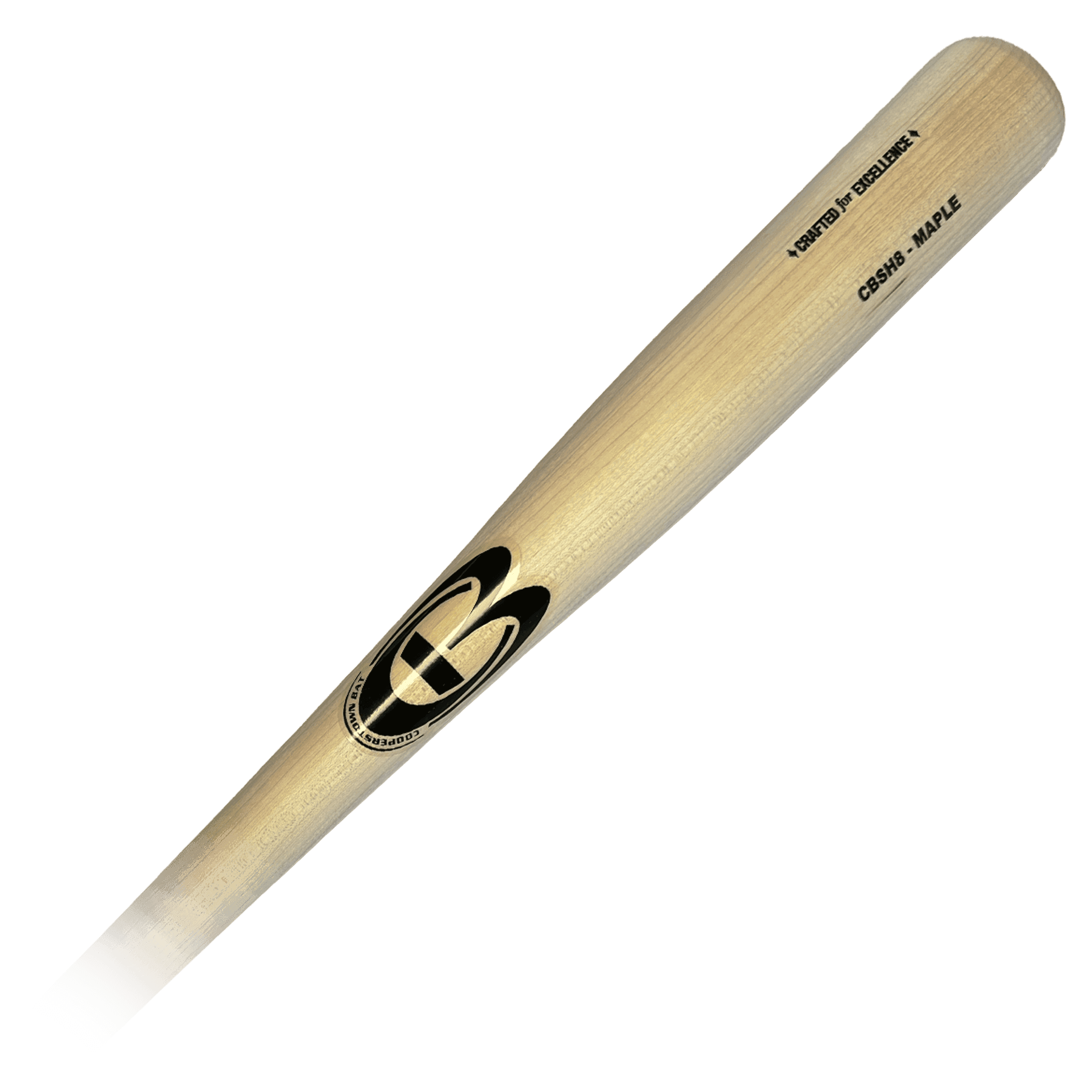 Wooden baseball bat with logo on black background.