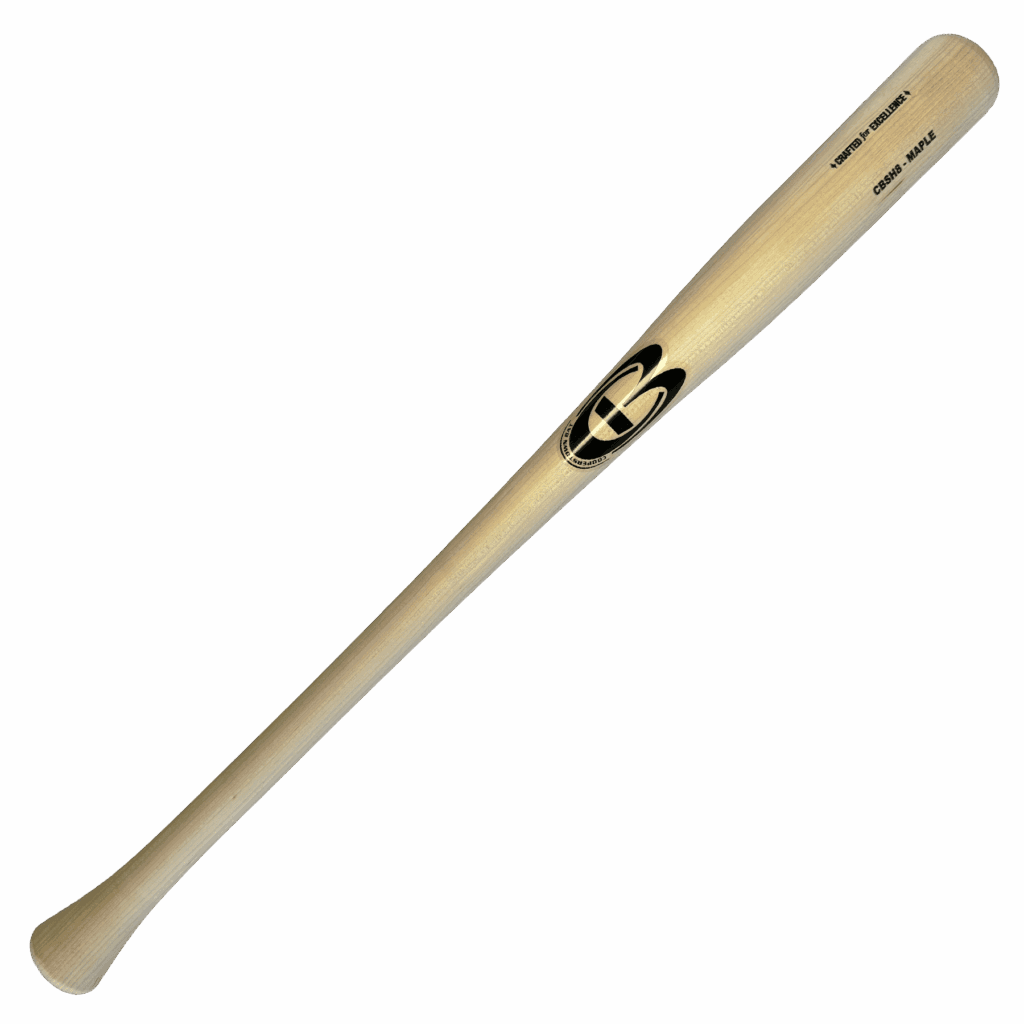 Wooden baseball bat with logo on black background.