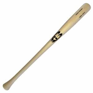 Wooden baseball bat with logo on black background.