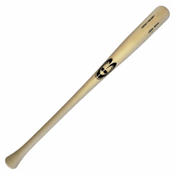 Wooden baseball bat with logo on black background.