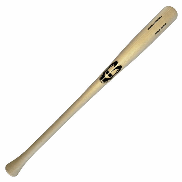 Wooden baseball bat with logo on black background.