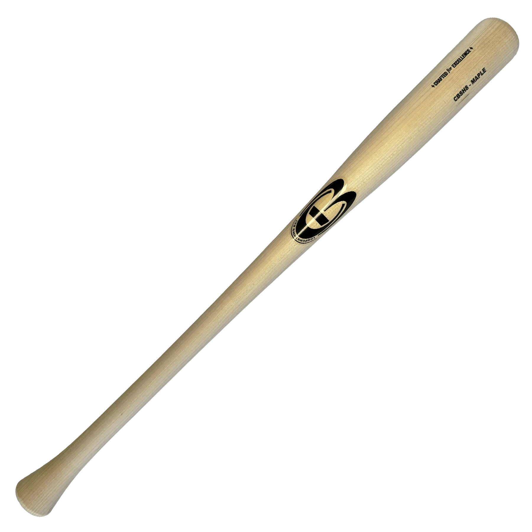 Wooden baseball bat with logo on black background.