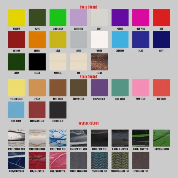 Color swatches: solid, stain, special categories.