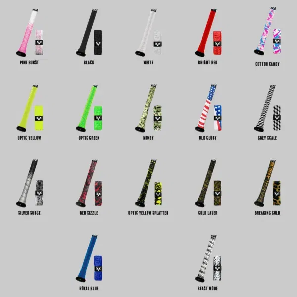 Colored bat grips displayed with various designs.