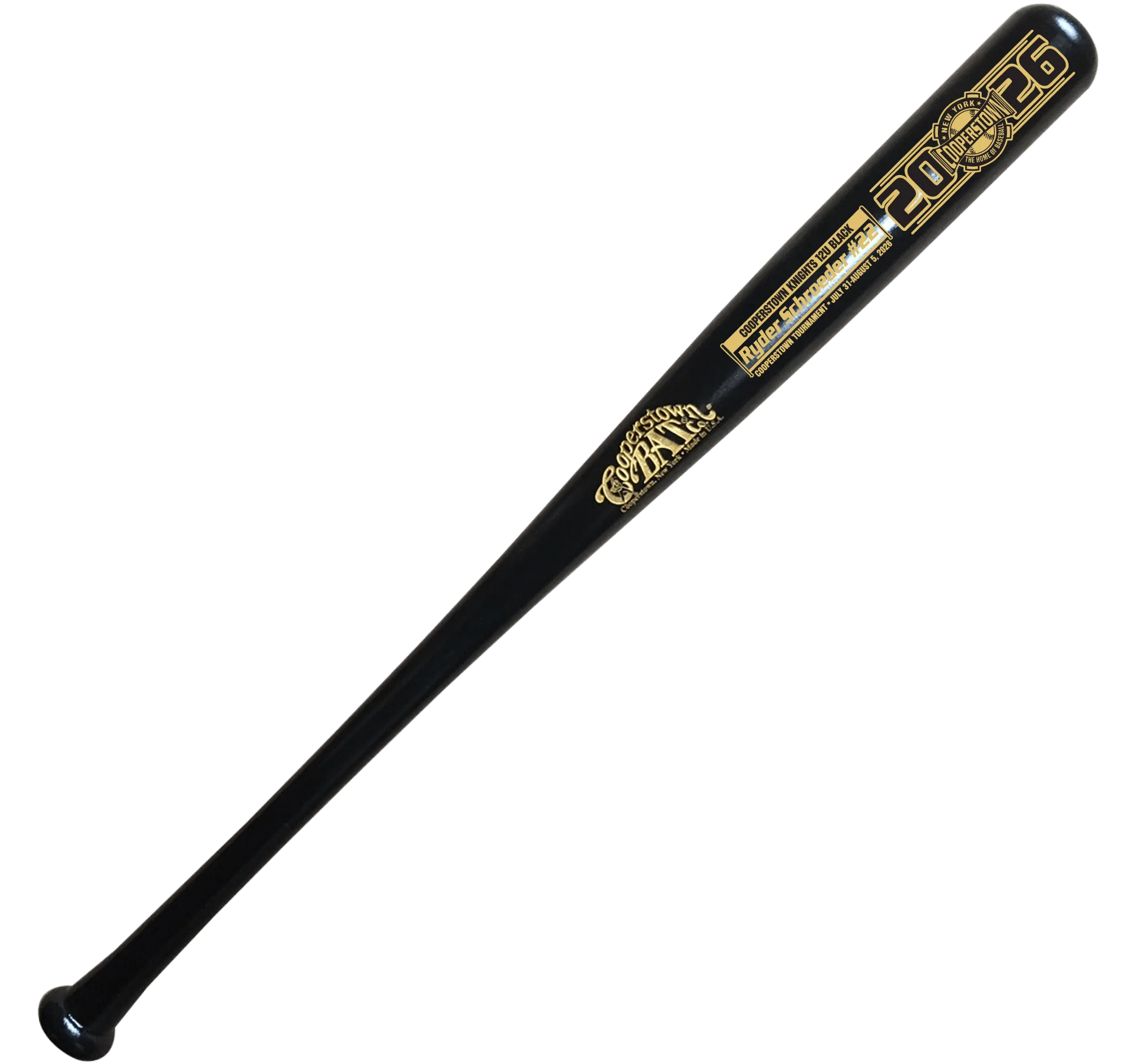 Black Cooperstown commemorative baseball bat with gold lettering