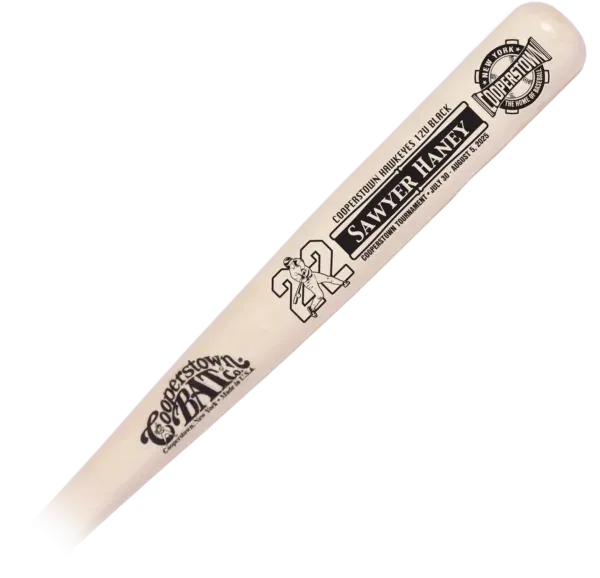 Engraved Cooperstown baseball bat commemorating tournament.