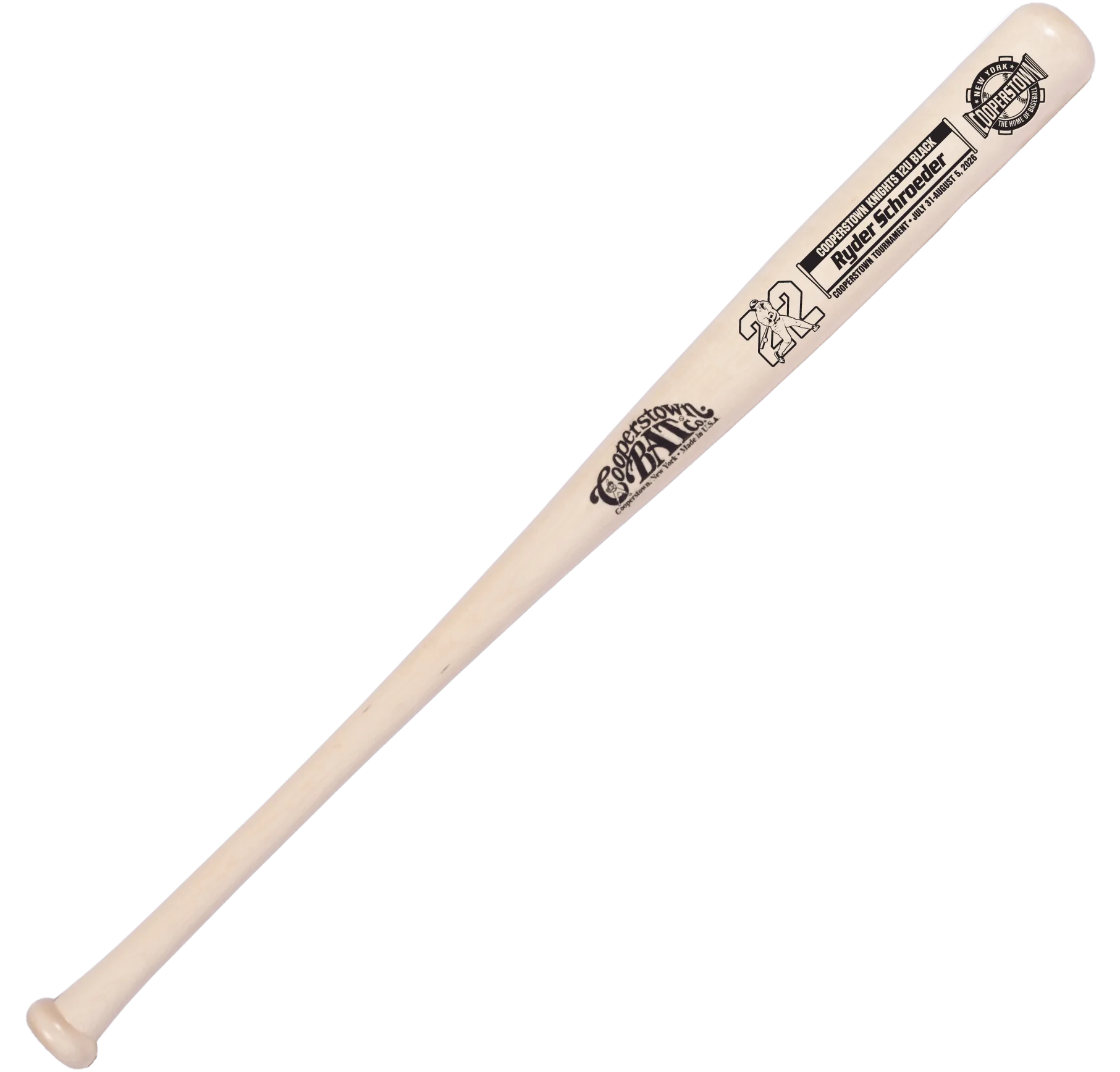 Custom engraved wooden baseball bat with tournament logo