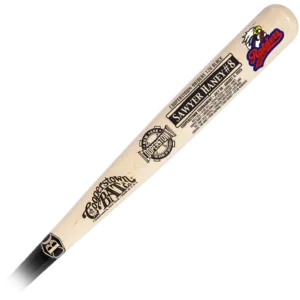 Wooden baseball bat with team logos and text