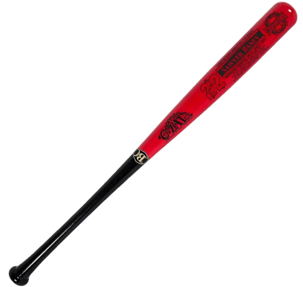Red and black baseball bat with inscriptions.