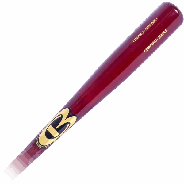 Red baseball bat with logo and text