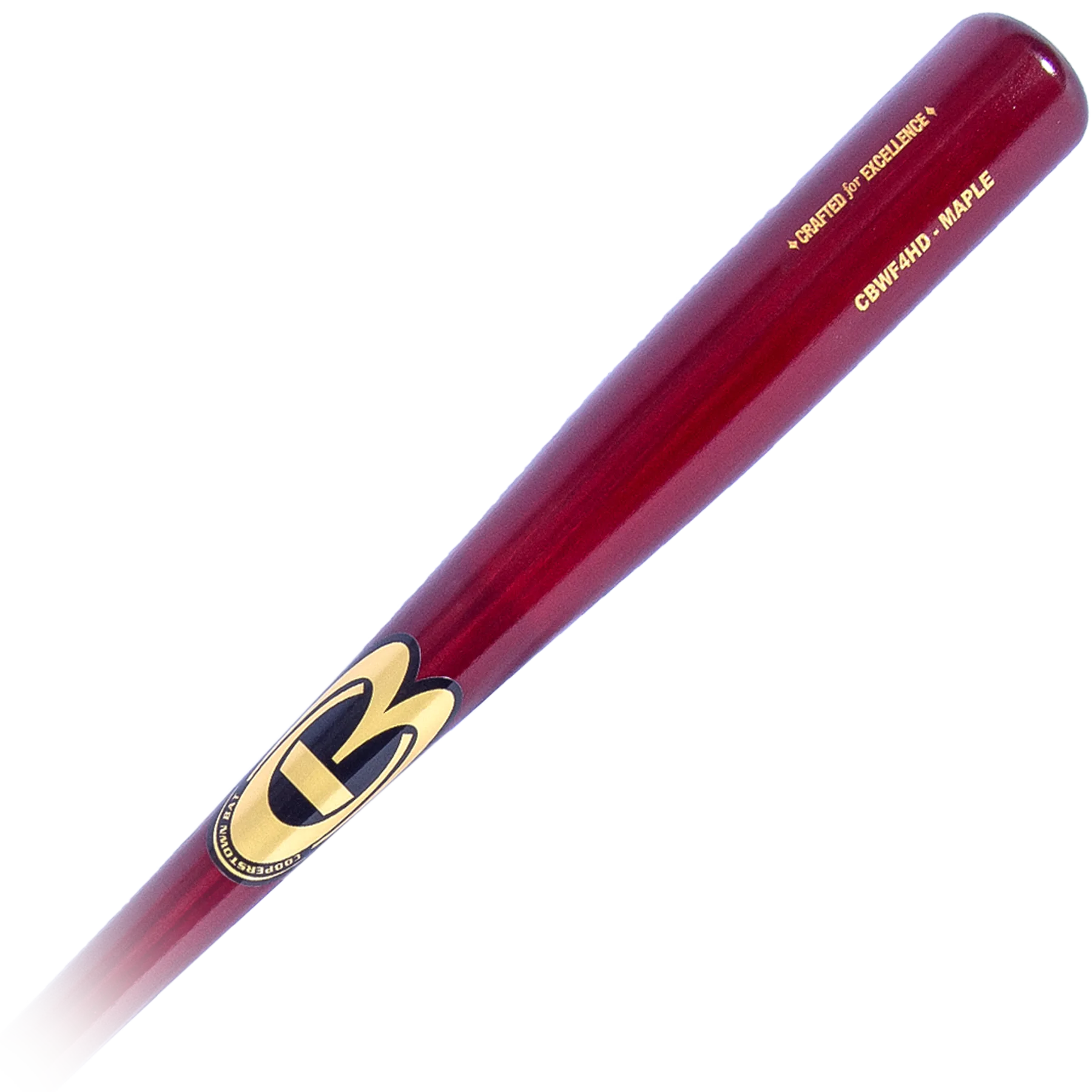 Red baseball bat with logo and text