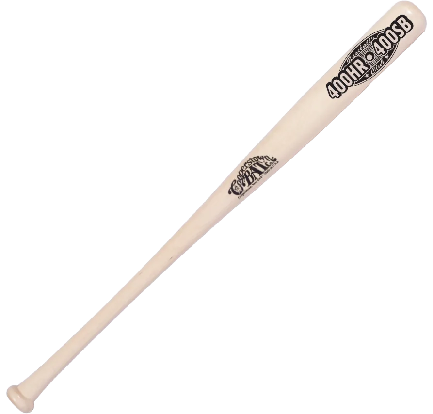 Wooden baseball bat with 400HR 400SB engraving.