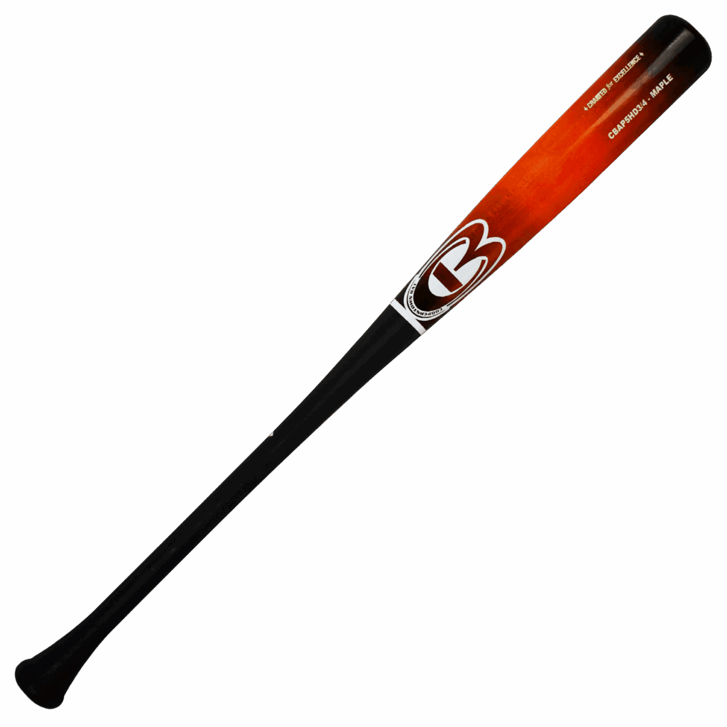 Red and black baseball bat, maple wood finish.