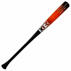 Red and black baseball bat, maple wood finish.