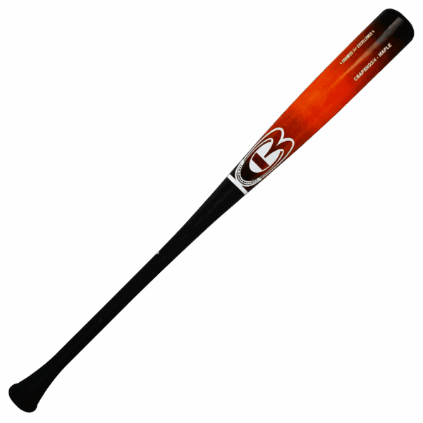 Red and black baseball bat, maple wood finish.