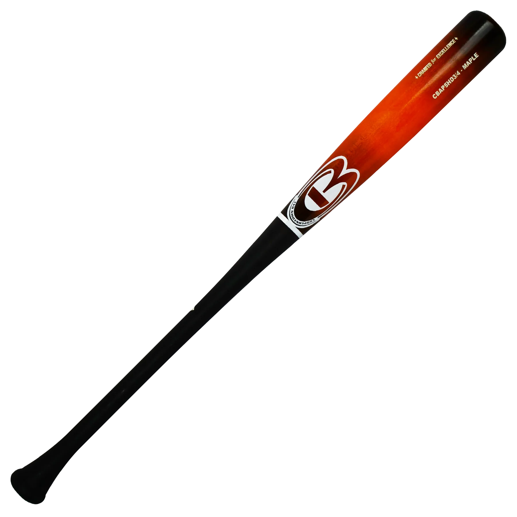 Red and black baseball bat, maple wood finish.