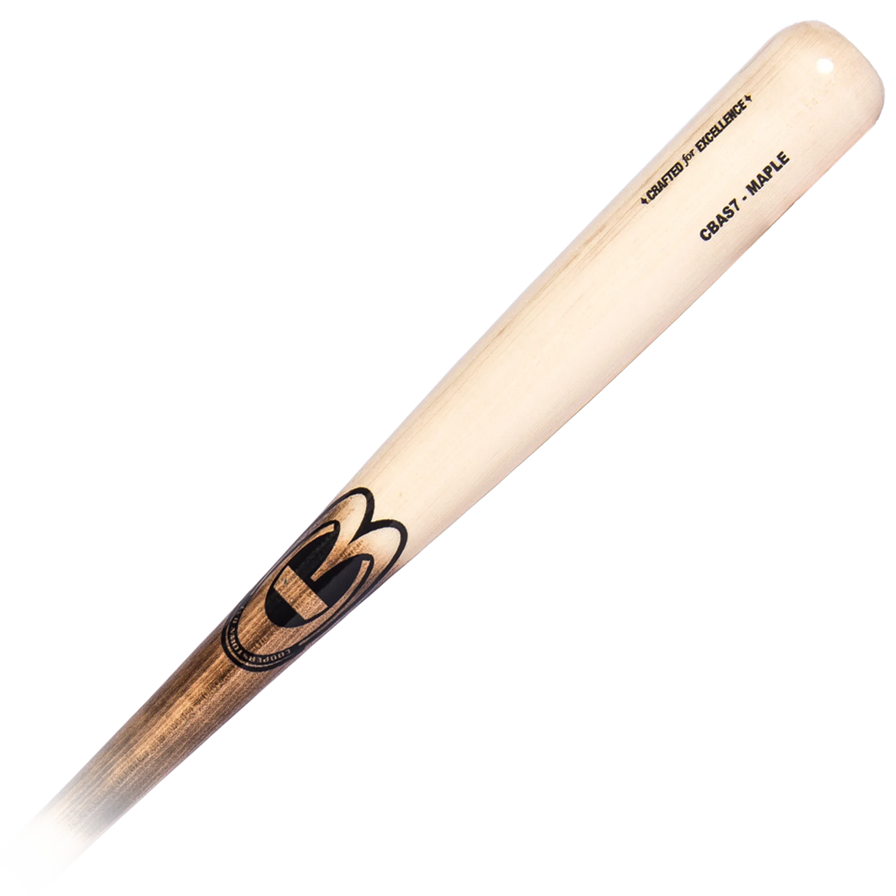Wooden baseball bat, maple, branded with logo.